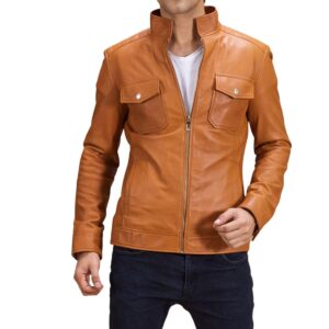 Handmade Slim Tan Leather Motorbike Jacket for Men