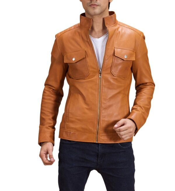 Handmade Slim Tan Leather Motorbike Jacket for Men