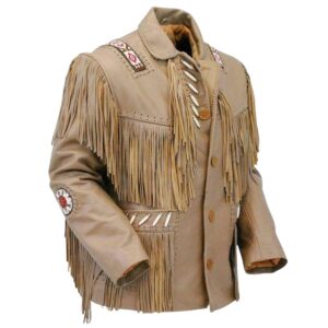 Original Leather Native Western American Cowboy Suede Leather Jacket Fringe & Beaded For Men