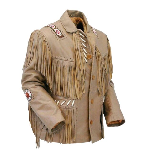 Original Leather Native Western American Cowboy Suede Leather Jacket Fringe & Beaded For Men