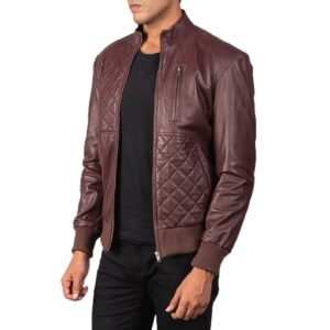 Maroon Leather Quilted Biker Jacket Motorbike Front Zipper