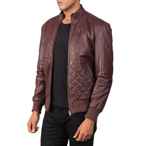 Maroon Leather Quilted Biker Jacket Motorbike Front Zipper