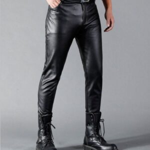 Men's Skinny Fit Leather Pants Stylish PU Leather Trousers Side