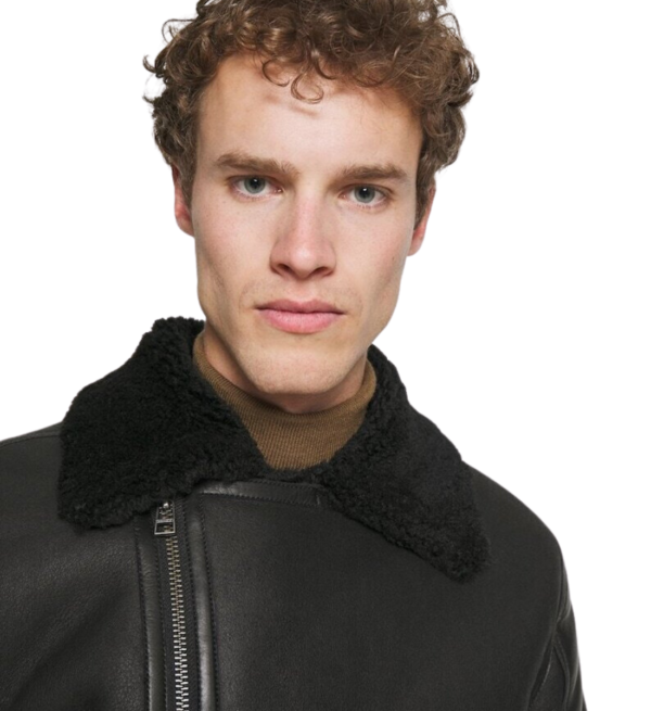 Winter Ready: Black Shearling Fur Aviator Leather Jacket for Men