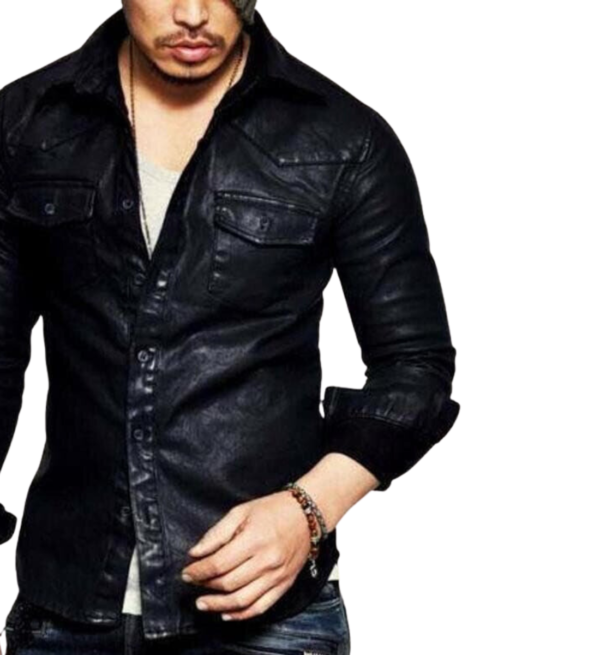 Black Lambskin Leather Men's Button-Up Shirt
