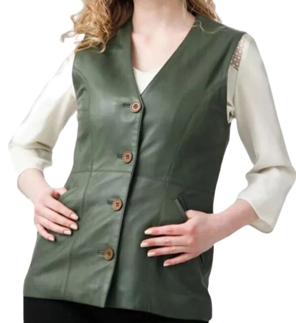 Vividly Green: Elegant V-Neck Leather Vest for Women