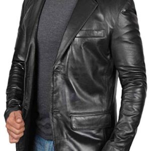 Stylish Men's Two-Button Black Leather Blazer with Notch Lapel