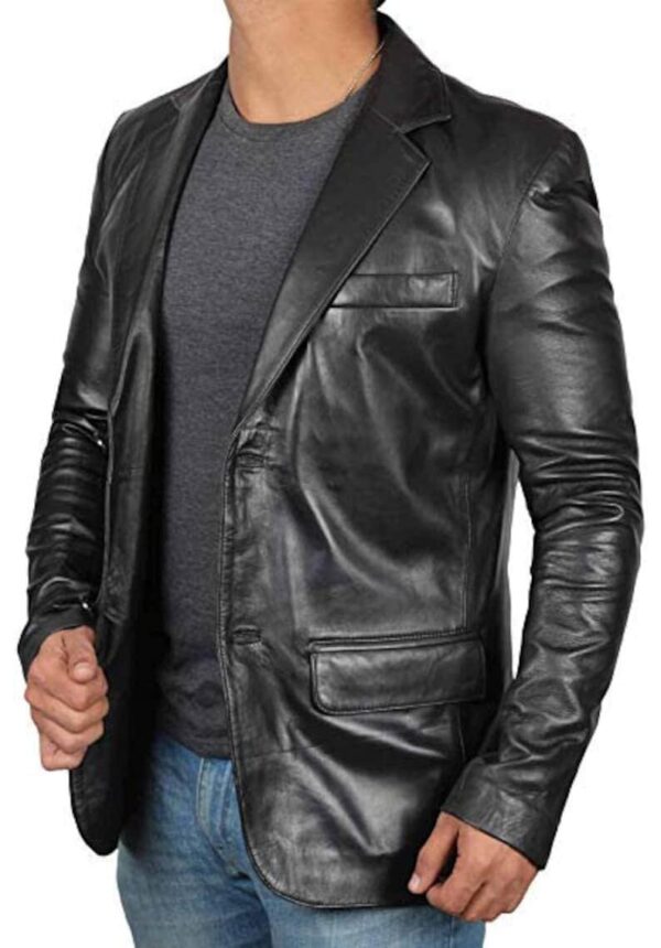 Stylish Men's Two-Button Black Leather Blazer with Notch Lapel