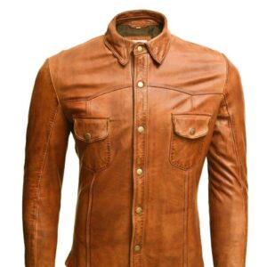 Rugged Elegance: Men's Genuine Leather Biker Shirt in Brown