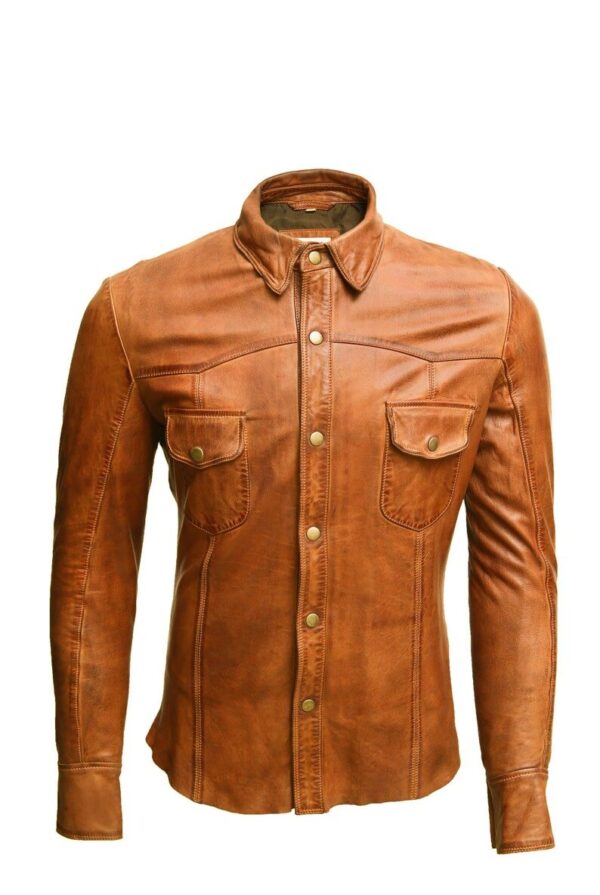 Rugged Elegance: Men's Genuine Leather Biker Shirt in Brown