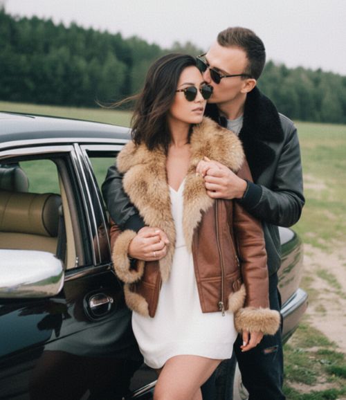 Stylish couple wearing premium shearling leather jackets beside a car