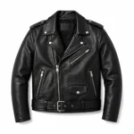 Mens black biker leather jacket front view on model by Leather Point”