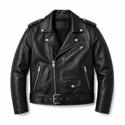 Mens black biker leather jacket front view on model by Leather Point”