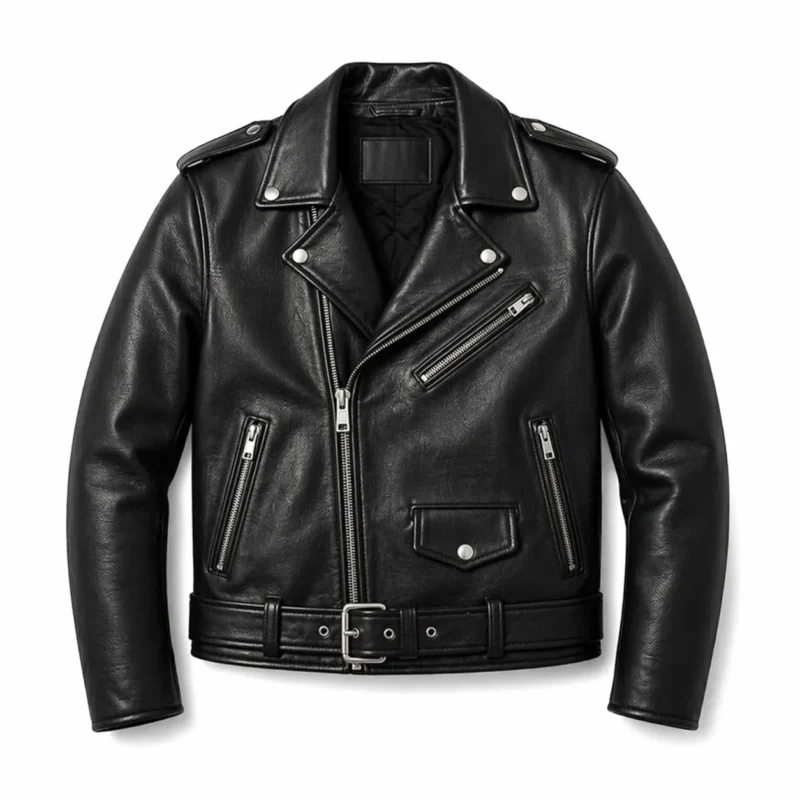 Mens black biker leather jacket front view on model by Leather Point”
