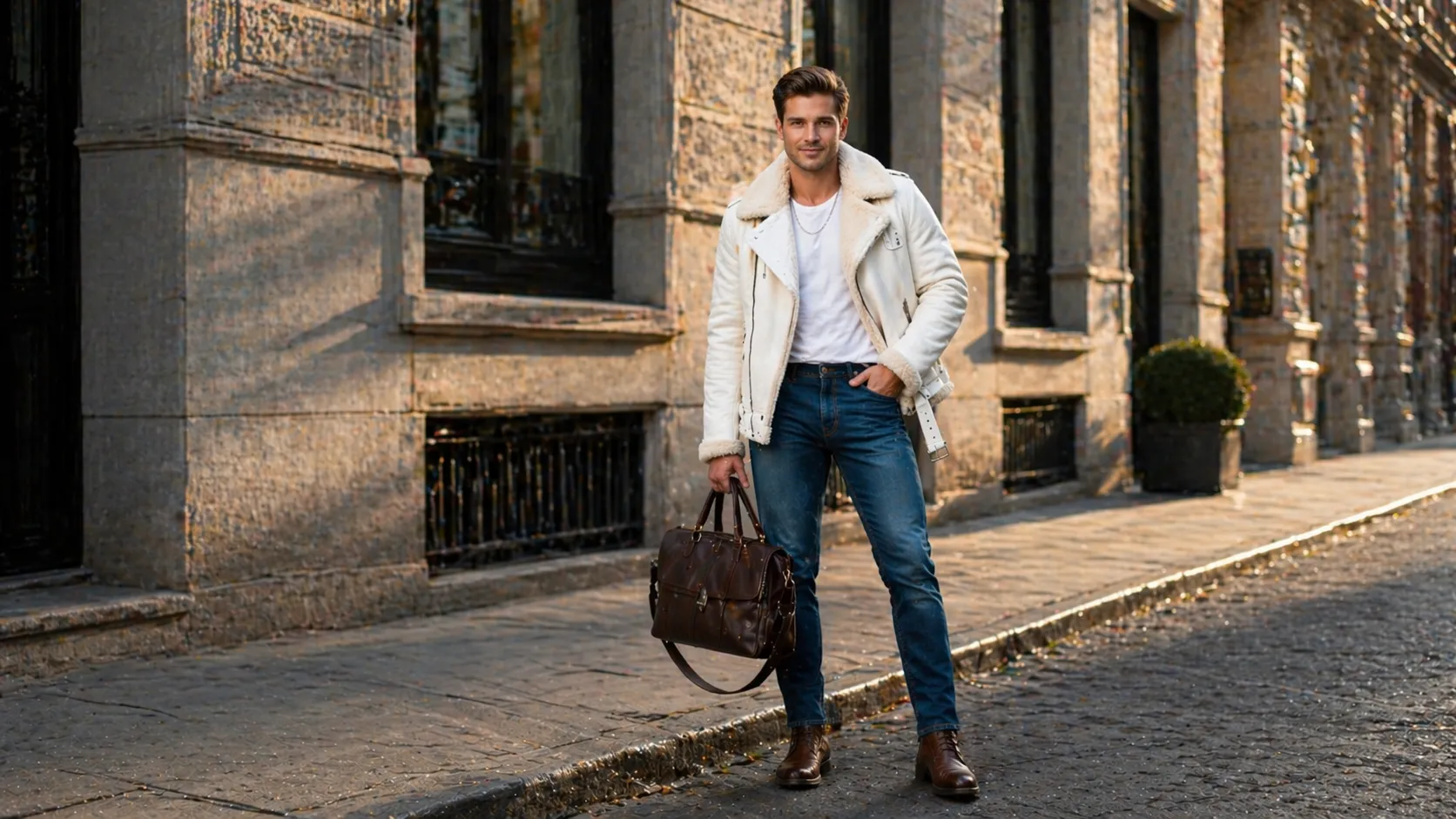 “Men wearing premium leather jacket street style by Leather Point brand”