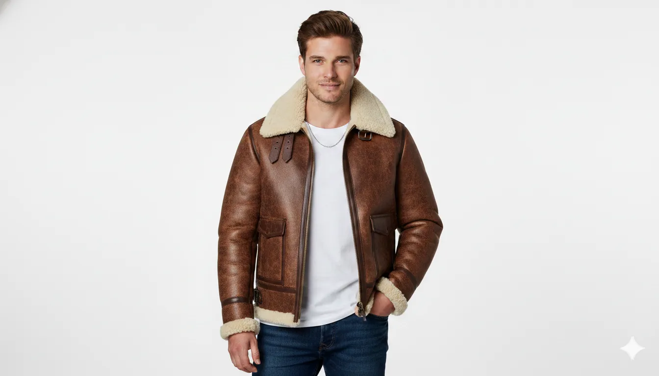 Leather Point men’s brown leather shearling jacket model