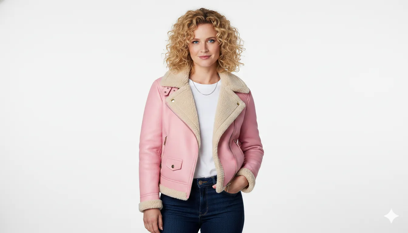 Leather Point women’s pink shearling leather jacket model