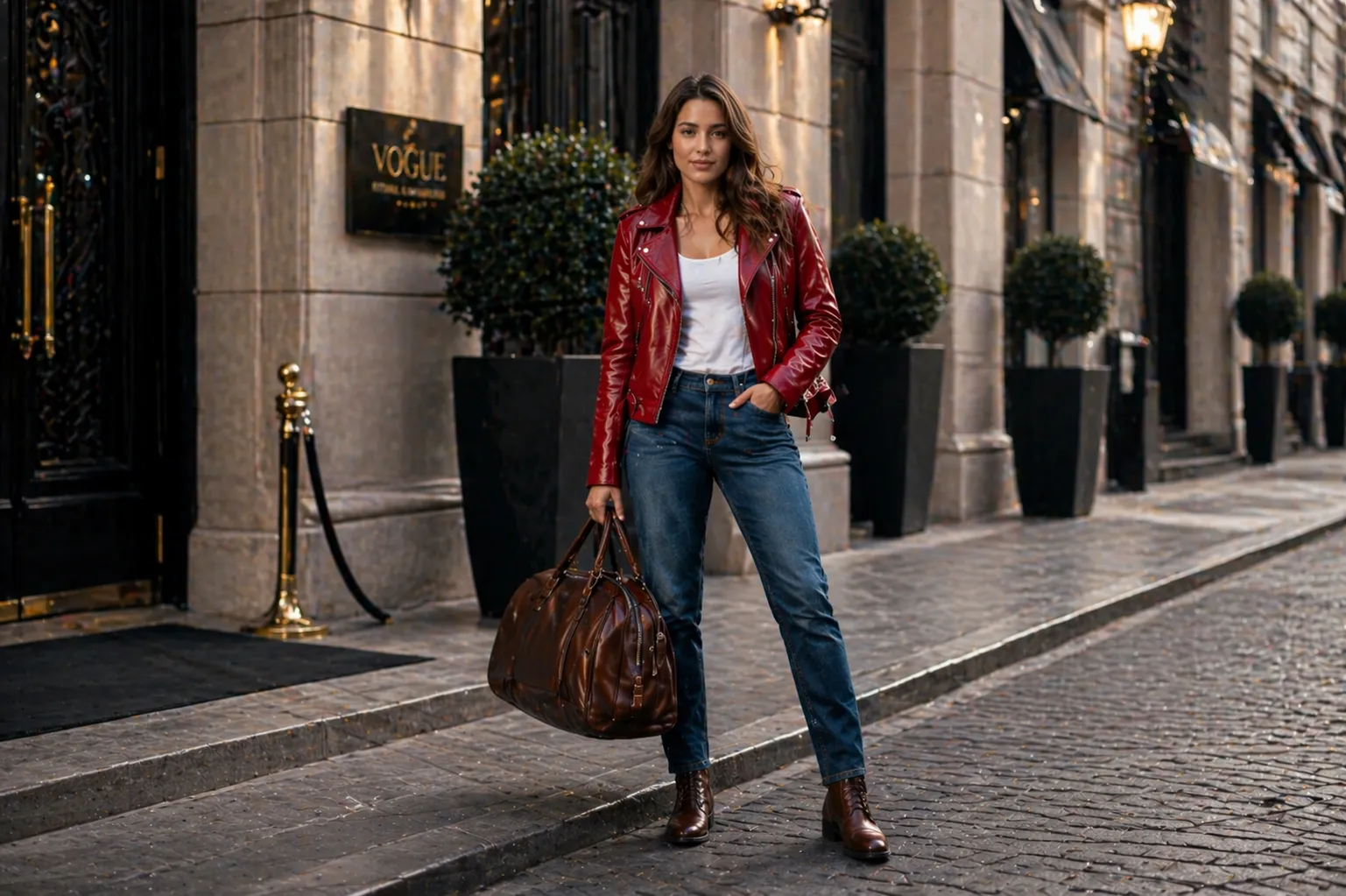 “Woman wearing stylish red leather jacket street fashion by Leather Point”