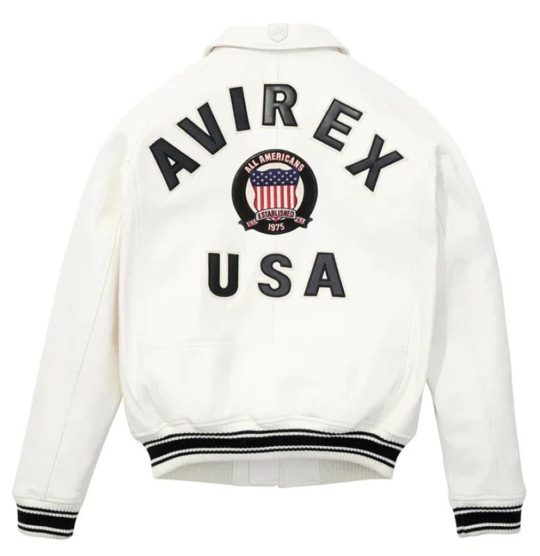 White leather bomber jacket for men featuring embroidered patches, striped ribbed hem, side pockets, and casual streetwear design.