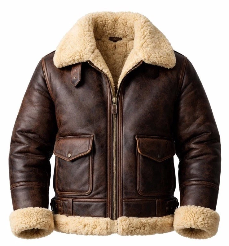 Men’s brown leather bomber jacket with faux fur trim and front zip closure