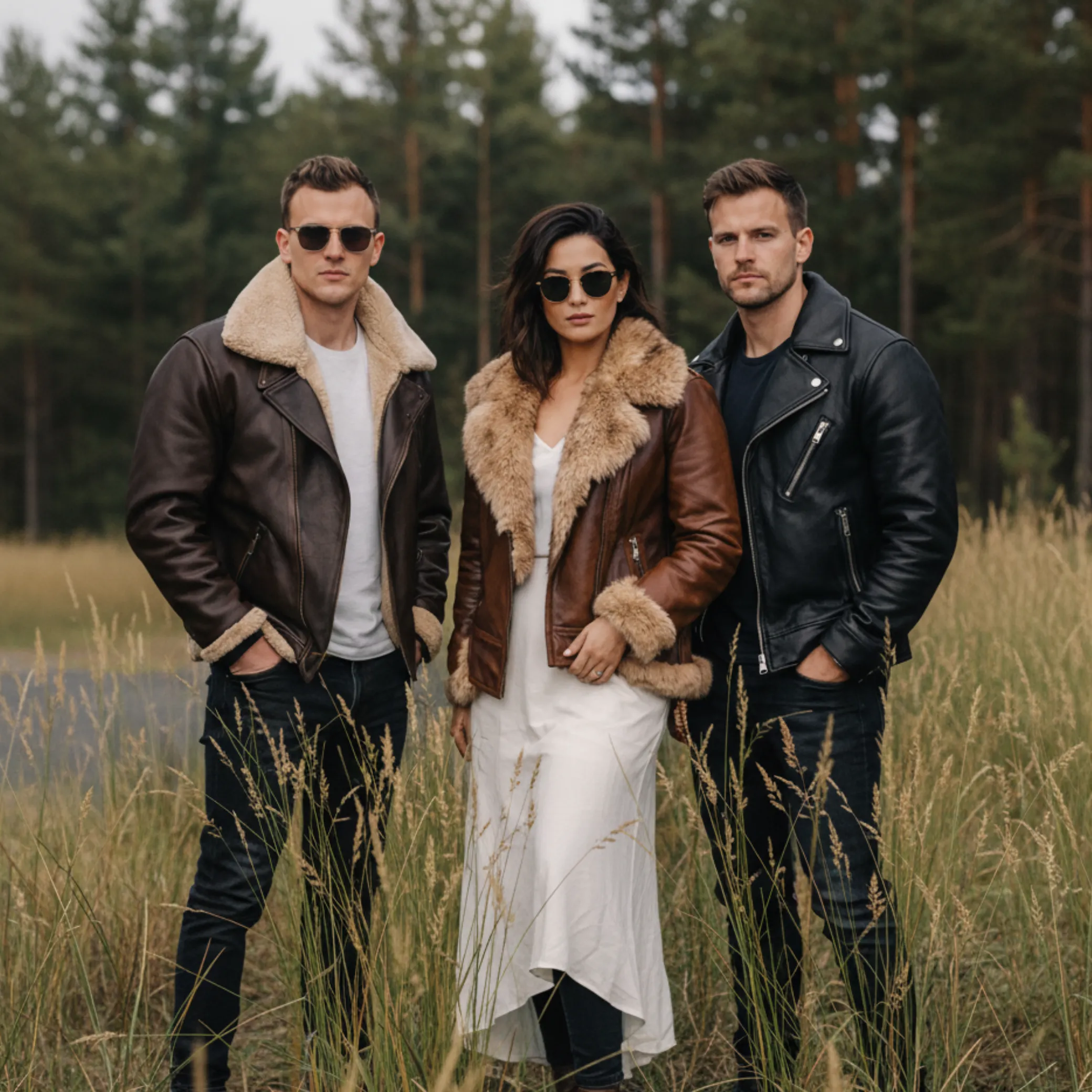 Three models wearing premium leather, fur, and aviator jackets by Leather Point