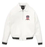 Men’s white leather bomber jacket with AVIREX USA patch, zip front, ribbed cuffs, collar neckline, and varsity aviator style.