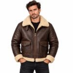 Men's brown leather bomber jacket with cream shearling collar, cuffs, and hem