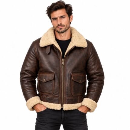 Men's brown leather bomber jacket with cream shearling collar, cuffs, and hem