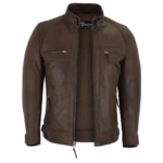Cafe Racer Waxed Lambskin Chocolate Brown Motorcycle Leather Jacket for Men