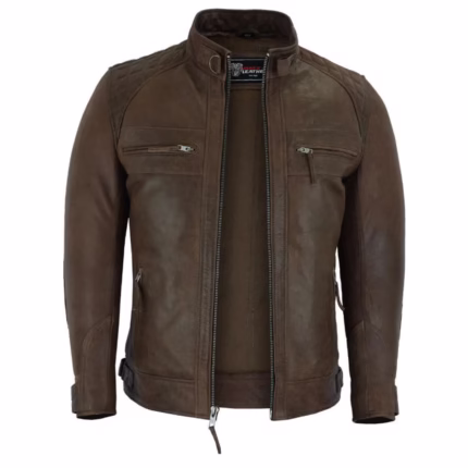 Cafe Racer Waxed Lambskin Chocolate Brown Motorcycle Leather Jacket for Men