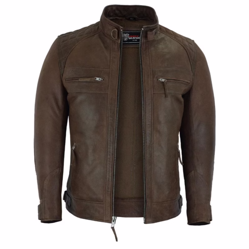 Cafe Racer Waxed Lambskin Chocolate Brown Motorcycle Leather Jacket for Men