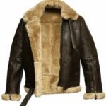 Men's brown sheepskin leather bomber jacket with cream fur and hem