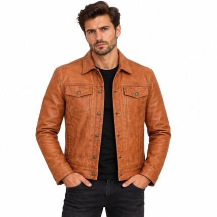 Men's brown leather trucker jacket with button closure and flap chest pockets