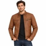 Austin brown motorcycle leather jacket with quilted shoulders and zippered pockets styled on a man