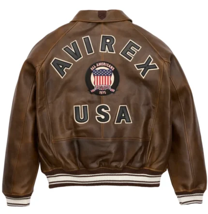 Men’s brown Avirex real leather bomber jacket with Avirex USA back logo, aviation emblem, ribbed cuffs, and American pilot flight style.