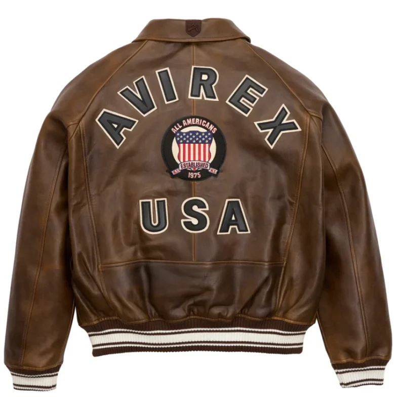 Men’s brown Avirex real leather bomber jacket with Avirex USA back logo, aviation emblem, ribbed cuffs, and American pilot flight style.