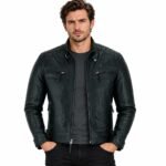 Men's black quilted leather motorcycle jacket with zip pockets and stand collar