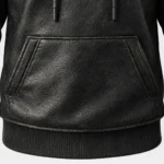 Men’s black real leather pullover hoodie with kangaroo pocket and drawstring hood