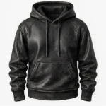 Men’s black real leather pullover hoodie with kangaroo pocket and drawstring hood