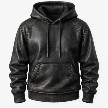 Men’s black real leather pullover hoodie with kangaroo pocket and drawstring hood