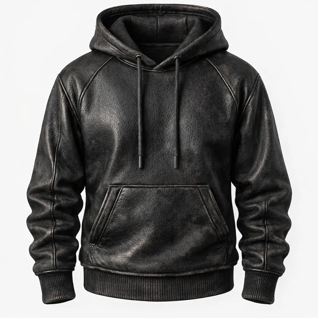 black-real-leather-hoodie-men-pullover-kangaroo-pocket (1) Men’s black real leather pullover hoodie with kangaroo pocket and drawstring hood