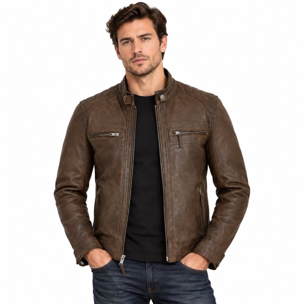 cafe-racer-waxed-lambskin-leather-jacket Men's brown waxed lambskin cafe racer jacket with stand collar and zippered pockets