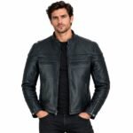 Men's black cowhide cafe racer leather motorcycle jacket with zip pockets and stand collar