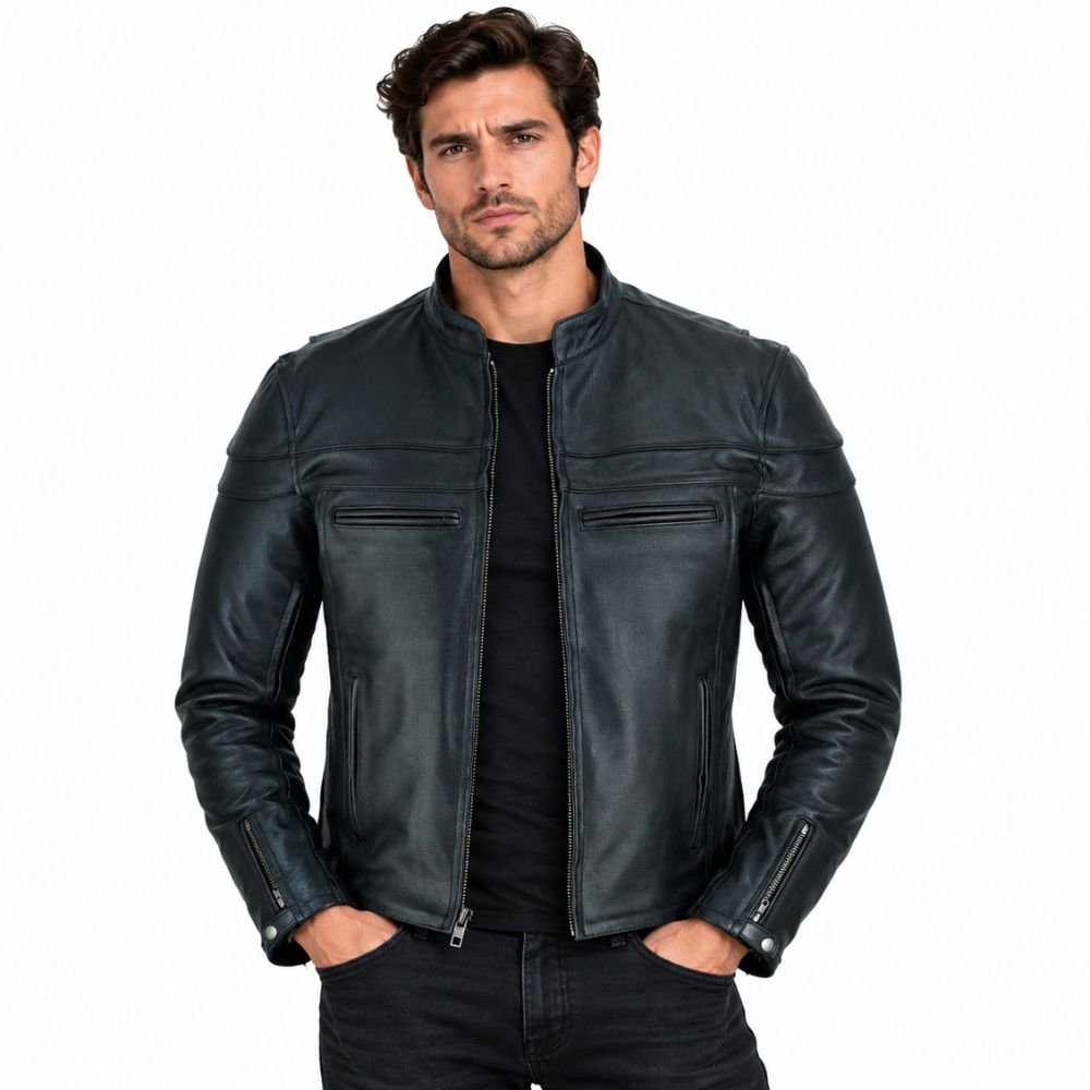 cowhide-cafe-racer-leather-motorcycle-jacket Men's black cowhide cafe racer leather motorcycle jacket with zip pockets and stand collar