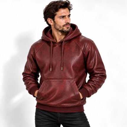 Man wearing the Crimson Forge Burgundy Leather Hoodie with a textured finish, drawstring hood, kangaroo pocket, and ribbed trims.