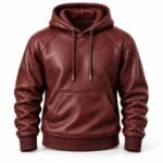 Burgundy leather hoodie featuring brass-tipped drawstrings, stitched kangaroo pocket, textured surface, and ribbed cuffs.