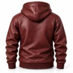 Burgundy leather hoodie with a structured hood, stitched shoulder panels, natural creases, and ribbed hem.