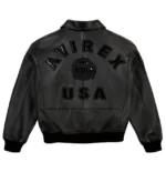 Men’s Avirex real leather bomber jacket in black with Avirex USA back logo, ribbed cuffs, and American pilot flight style.