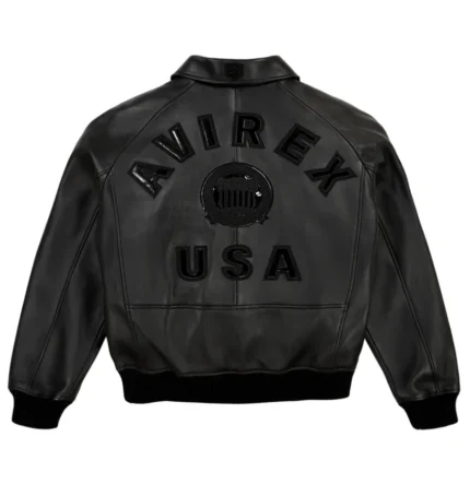 Men’s Avirex real leather bomber jacket in black with Avirex USA back logo, ribbed cuffs, and American pilot flight style.