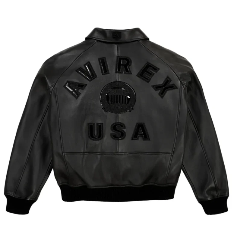 Men’s Avirex real leather bomber jacket in black with Avirex USA back logo, ribbed cuffs, and American pilot flight style.